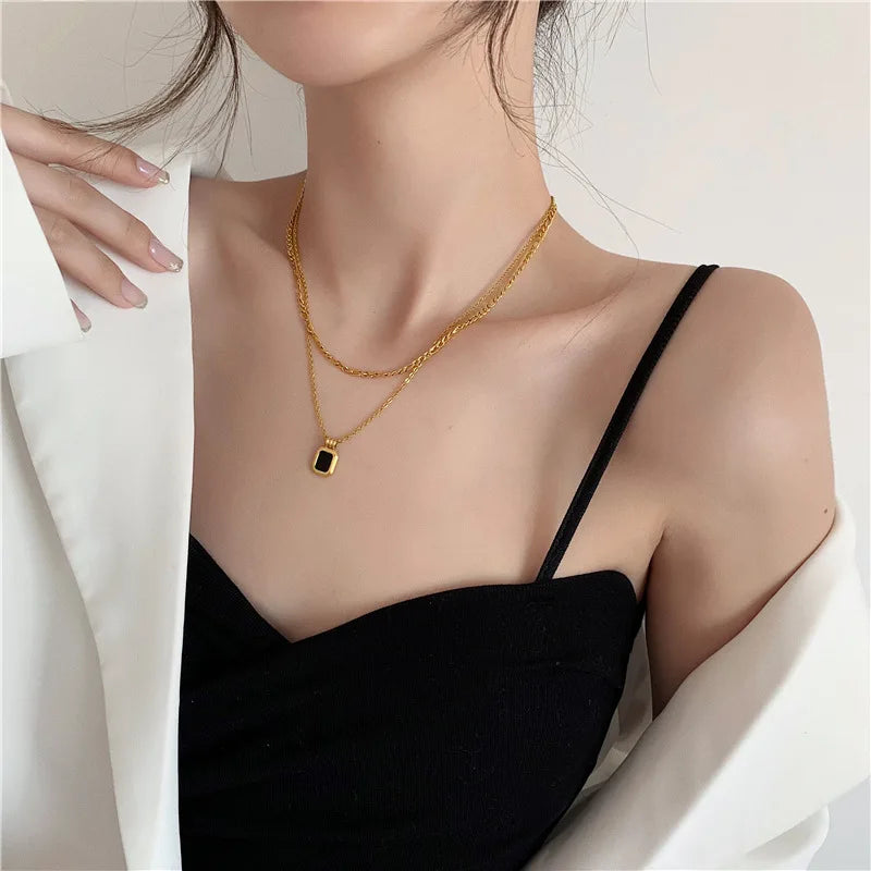 Layered Stainless Steel Square Pendants Necklace for Women