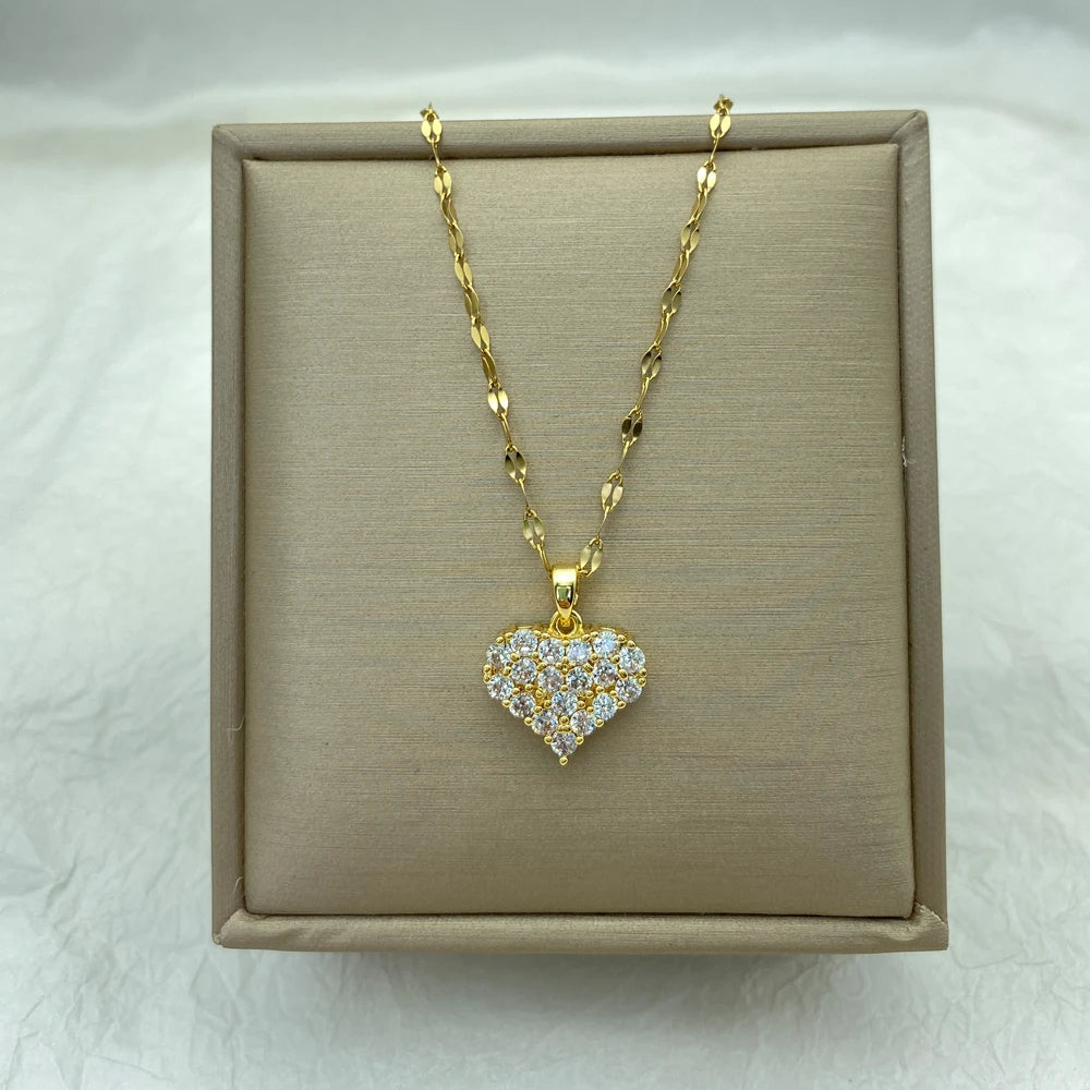Gold Pave CZ Crystal Puffy Heart Pendant Stainless Steel Necklace