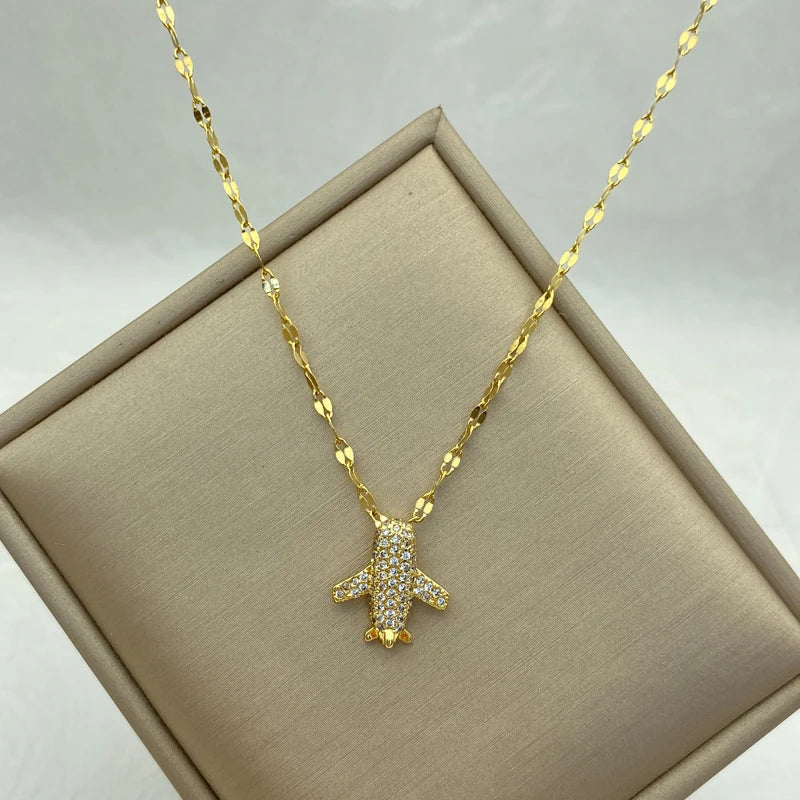 Pave CZ Airplane Pendant Necklace | 18K Gold Plated Stainless Stee