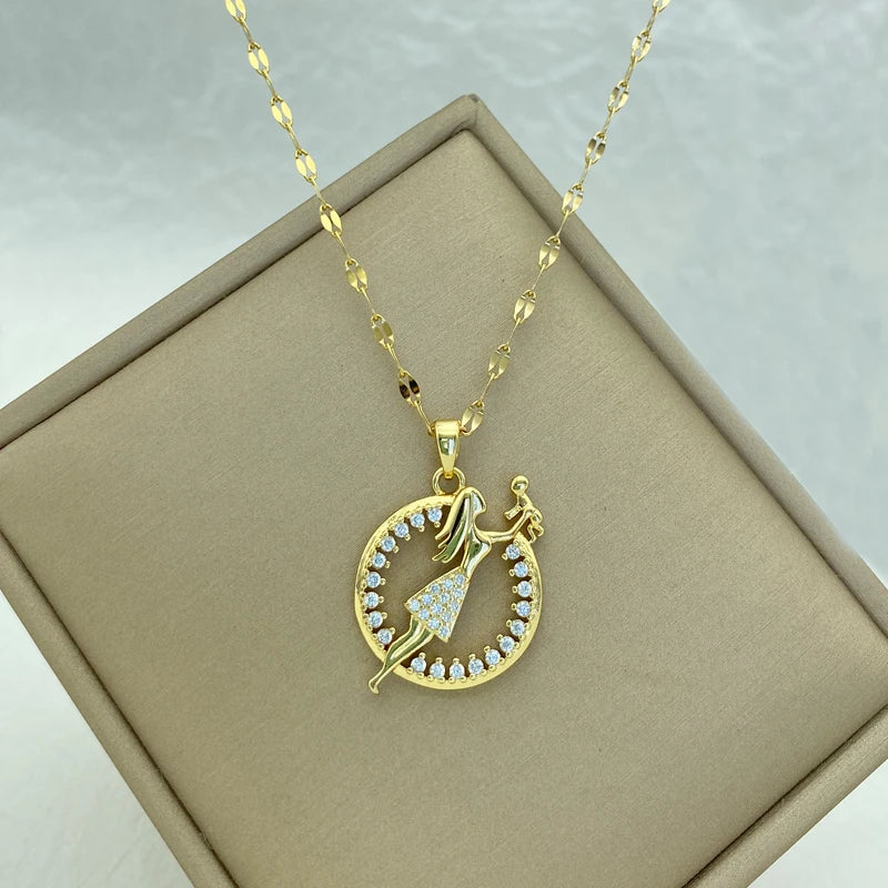 Mother & Child Circle Pendant Necklace|18K Gold Plated Stainless Steel