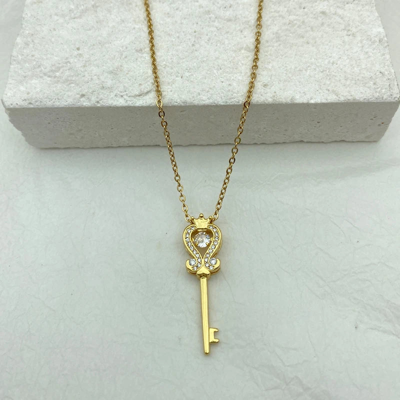 Crown Heart Key Pendant Necklace | Copper CZ | Stainless Steel Chain