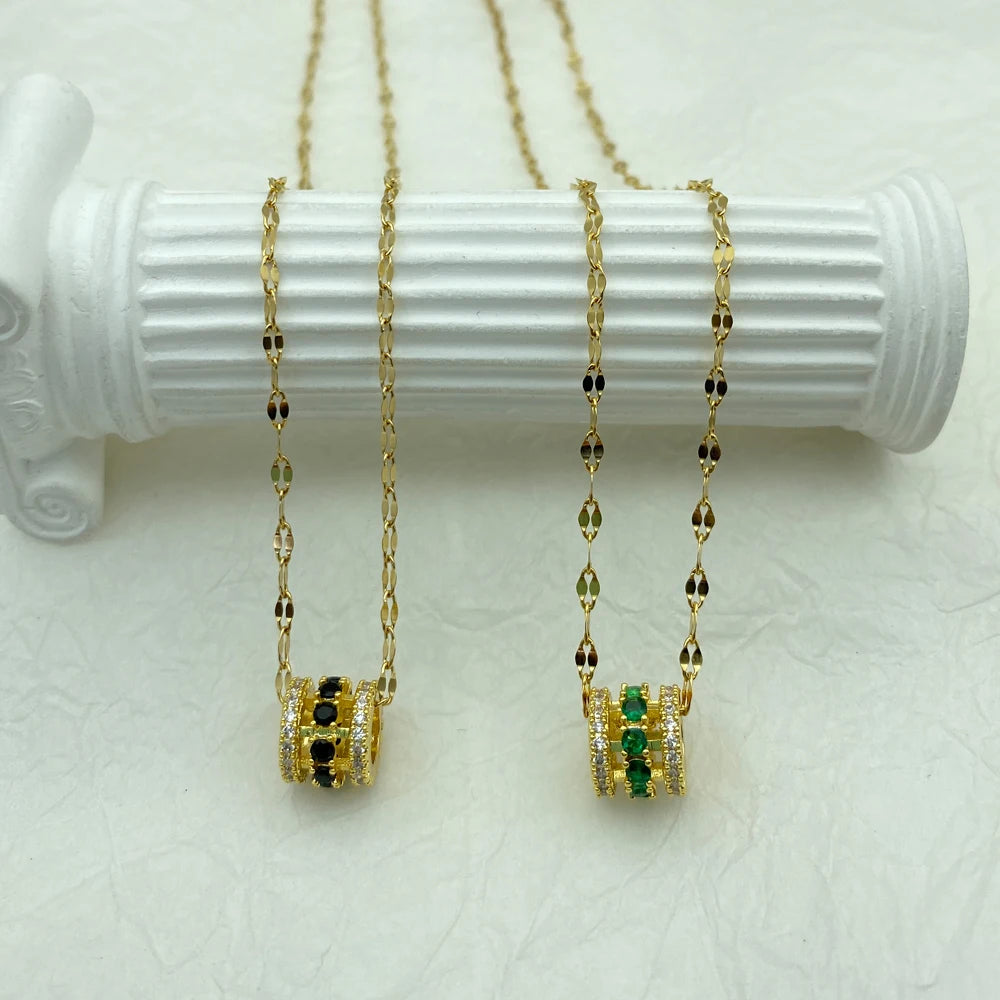 Emerald Green CZ Barrel Pendant Necklace | 18K Gold Plated Stainless Steel