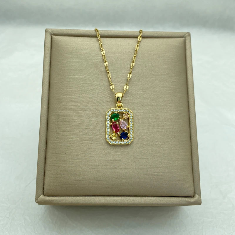 Gold Plated Stainless Steel Necklaces For Women With Square Shaped Pendant With Red Green Pink Zircons New In Style