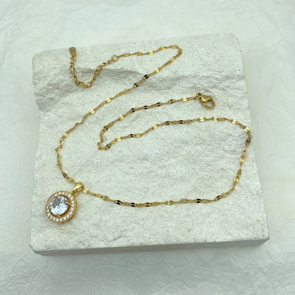 Gold Plated Round Zircons Stainless Steel Necklace For Women Gifts Fashion Jewerly Steel Necklace New In Simple Style
