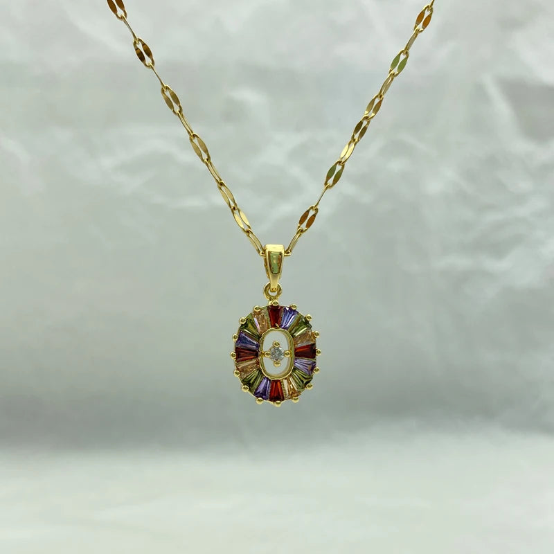 Gold Colorful Baguette CZ Sunburst Oval Pendant Necklace |  Stainless Steel Chain