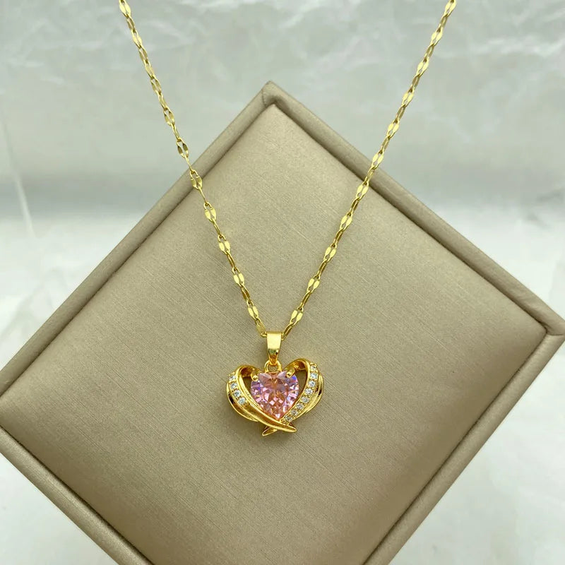 Pink Zircon Heart Pendant  Necklace For Women With Gold Plated Stainless Steel  Fashion Jewelry