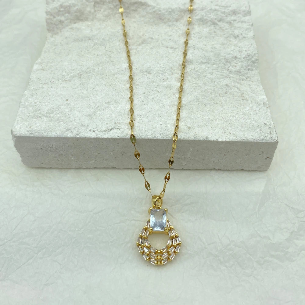 Gold Crystal Wreath Pendant Necklace |18K Gold Plated Stainless Steel Chains