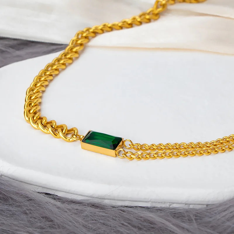 Cuban Chain Stainless Steel Necklace With Emerald Green Rectangle Stone