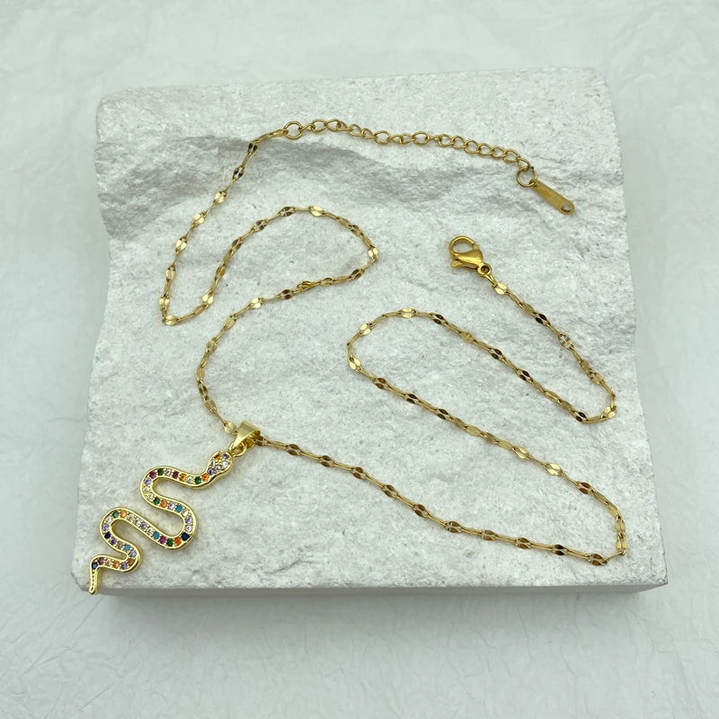 Gold Rainbow CZ Snake Charm Necklace | Stainless Steel Chain