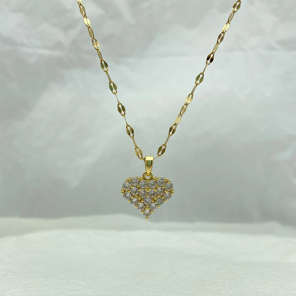 Gold Pave CZ Crystal Puffy Heart Pendant Stainless Steel Necklace