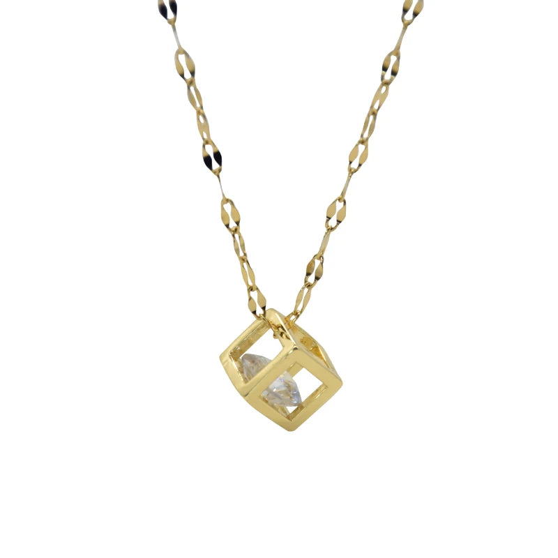 Hollow Cube Zirconia Pendant Necklace| Gold Plated Stainless Steel Chains