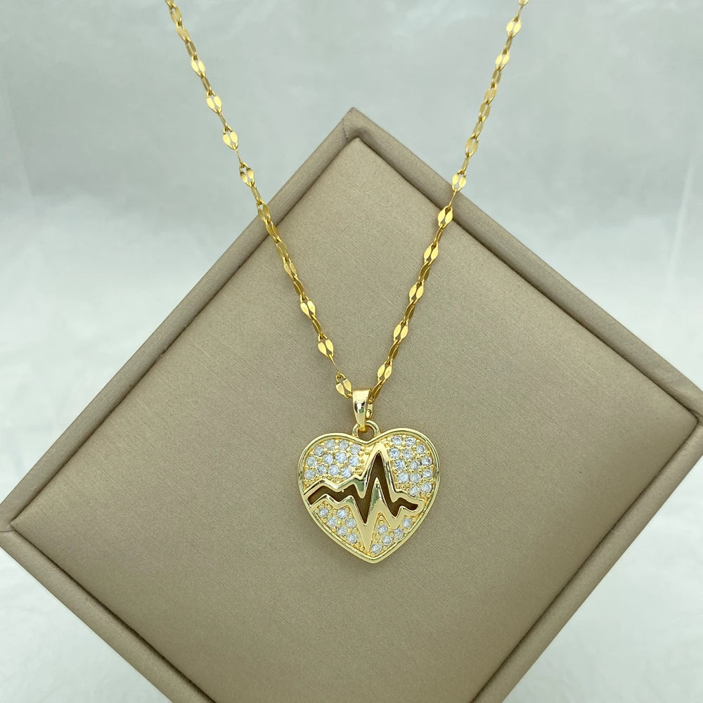 CZ Heartbeat Heart Pendant Necklace | Stainless Steel Chain