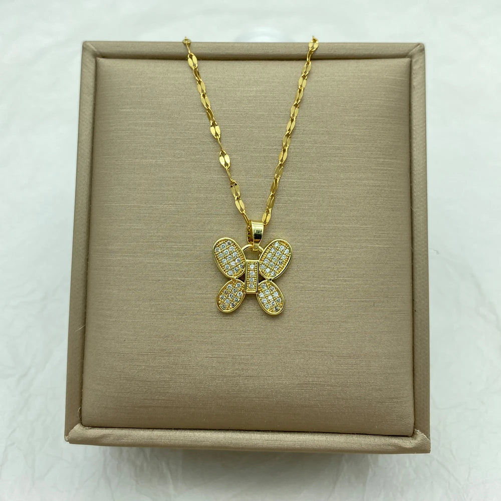 8K Gold Plated Pave CZ Butterfly Pendant Necklace | Stainless Steel Chain