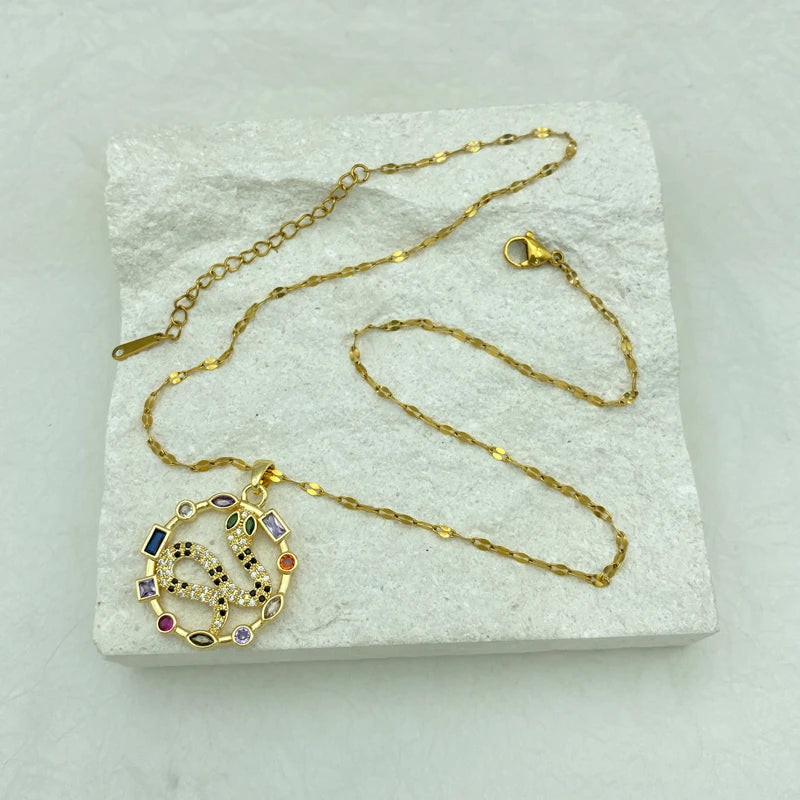 Gold Plated Stainless Steel Necklace For Women With A Big Round Shaped Snake Pendant Fashion  jewelry New In
