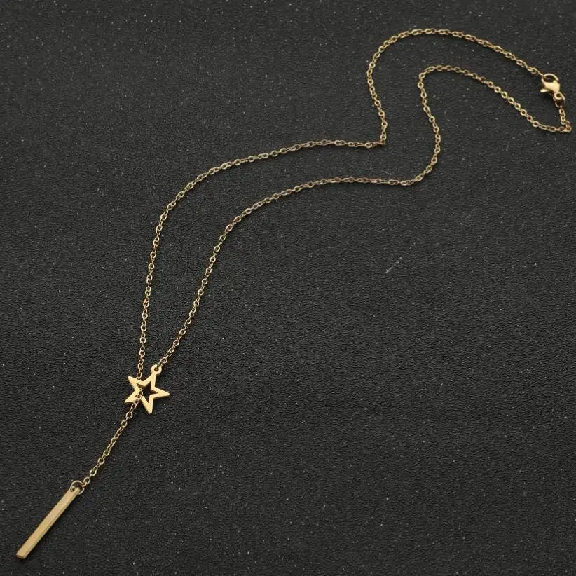 Stainless Steel Open Star Lariat Y Necklace with Bar Pendant | 18K Gold