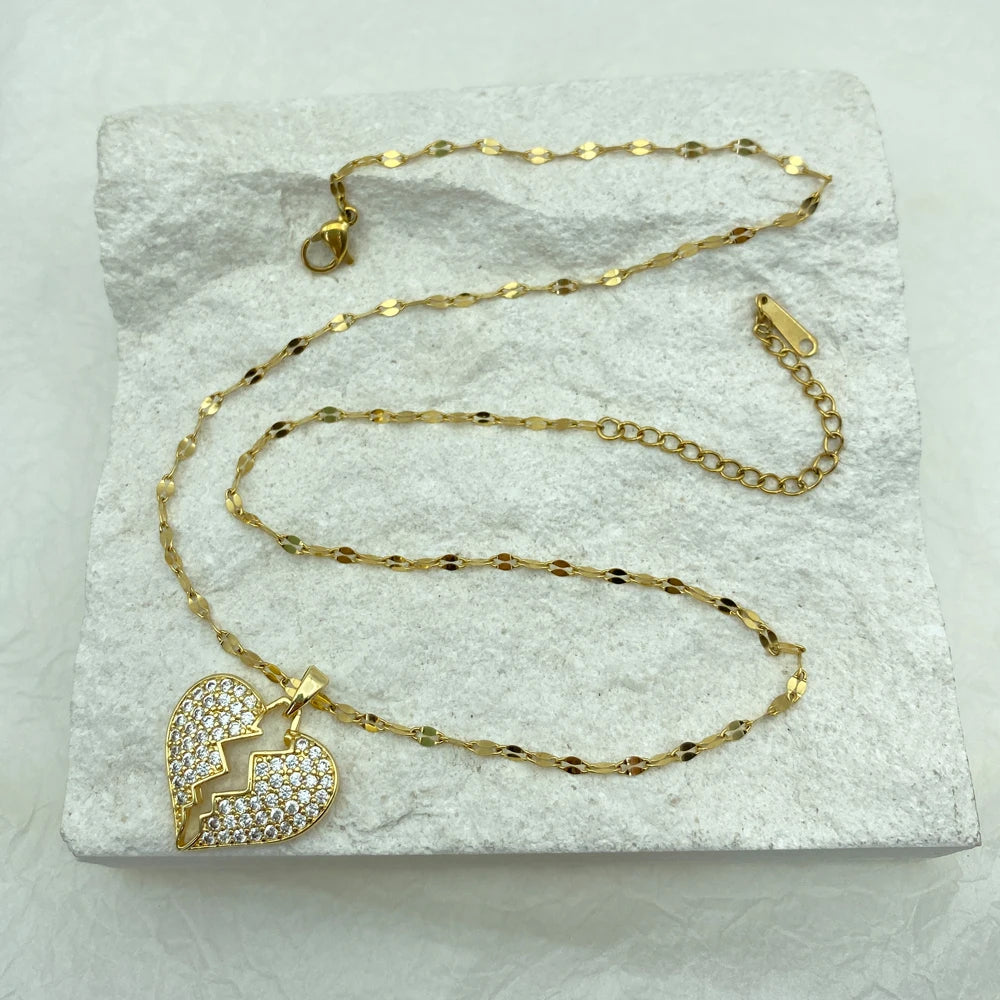 18K Gold Plated CZ Broken Heart Pendant Stainless Steel Necklace