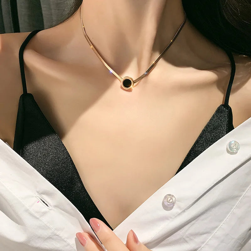 18K Gold Plated Black Onyx Round Pendant Herringbone Chain Necklace | Stainless Steel