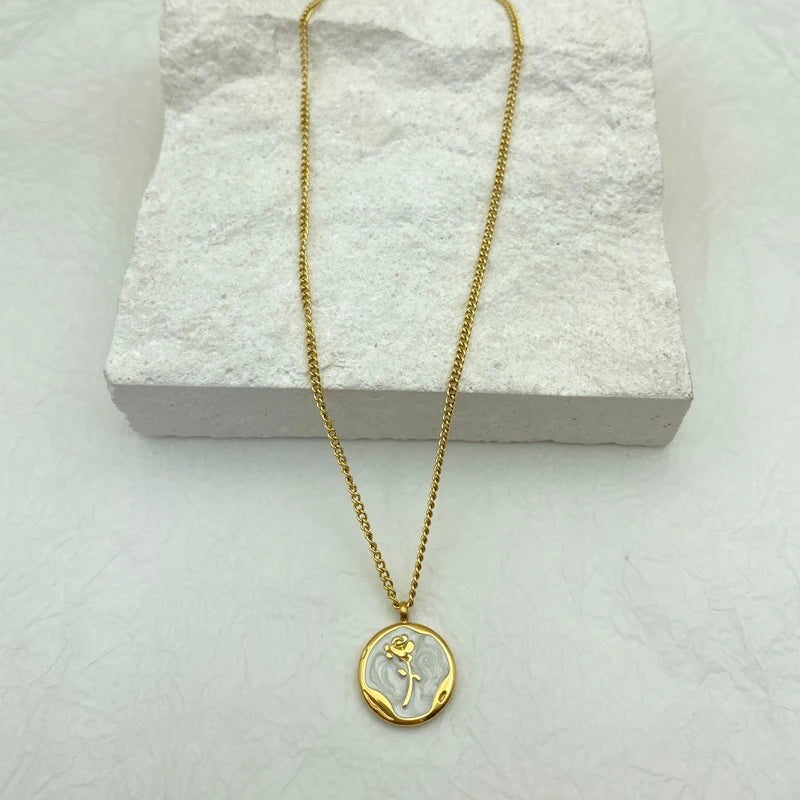 Mother of Pearl Rose Coin Pendant Necklace |  Stainless Steel Chains