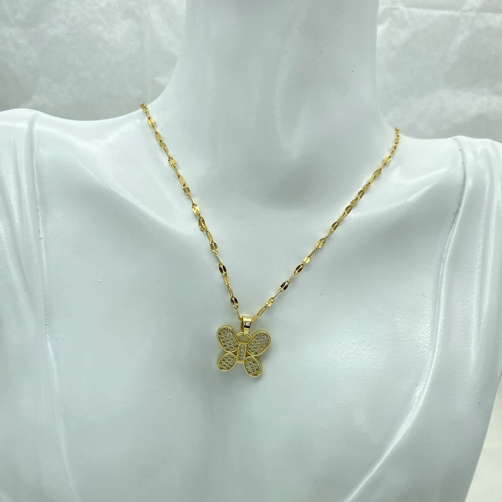 8K Gold Plated Pave CZ Butterfly Pendant Necklace | Stainless Steel Chain