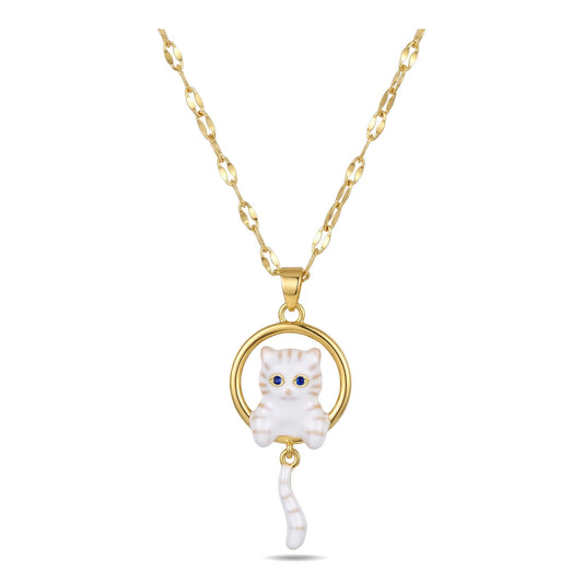 Wholesale Stainless Steel White Enamel Cat Pendant Necklace