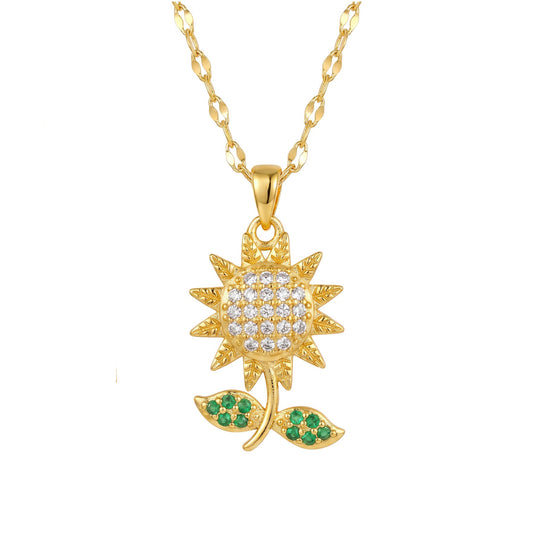 CZ Sunflower Pendant Necklace with Emerald Green Leaf | Stainless Steel Chain