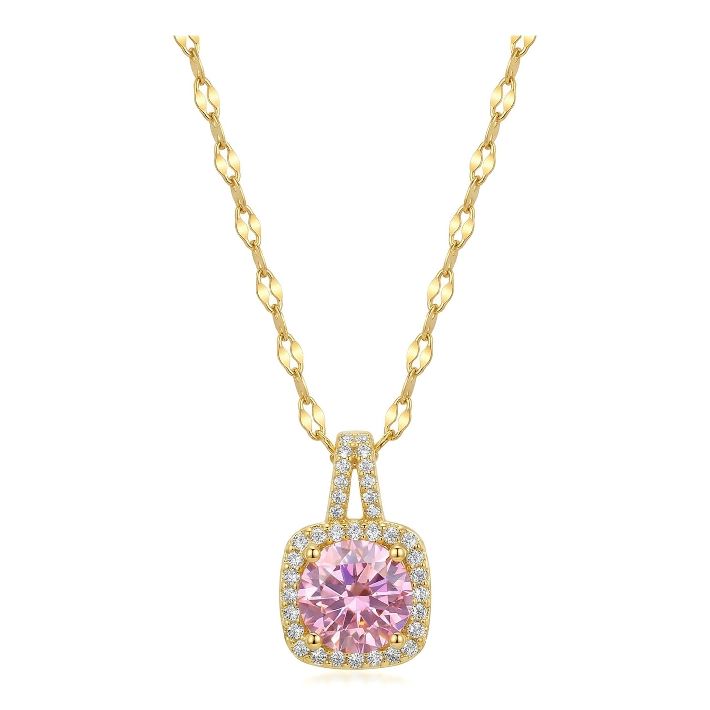 Wholesale Gold Plated Stainless Steel Pink Zircon Square Pendant Necklace