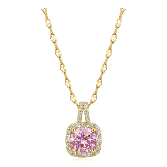 Wholesale Gold Plated Stainless Steel Pink Zircon Square Pendant Necklace