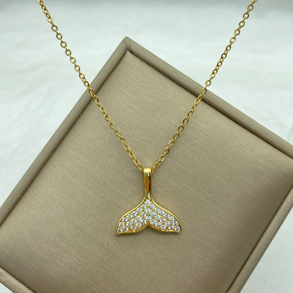 Gold Mermaid Whale Tail Pave CZ Crystal Pendant Necklace For Women