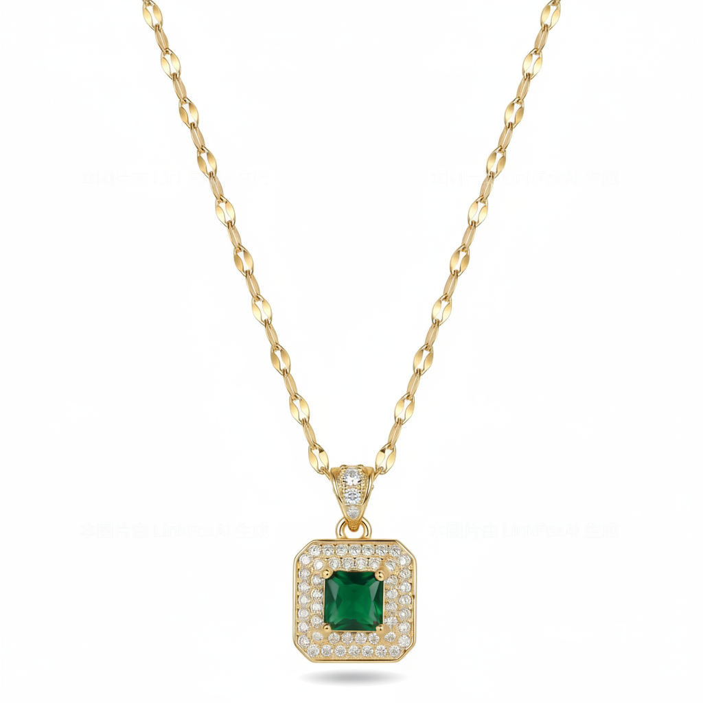 Gold Plated  Green Square Zircon Pendant Necklace For Women