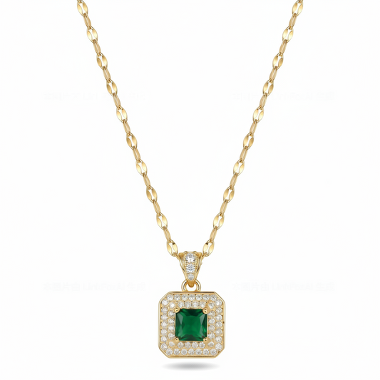 Gold Plated  Green Square Zircon Pendant Necklace For Women