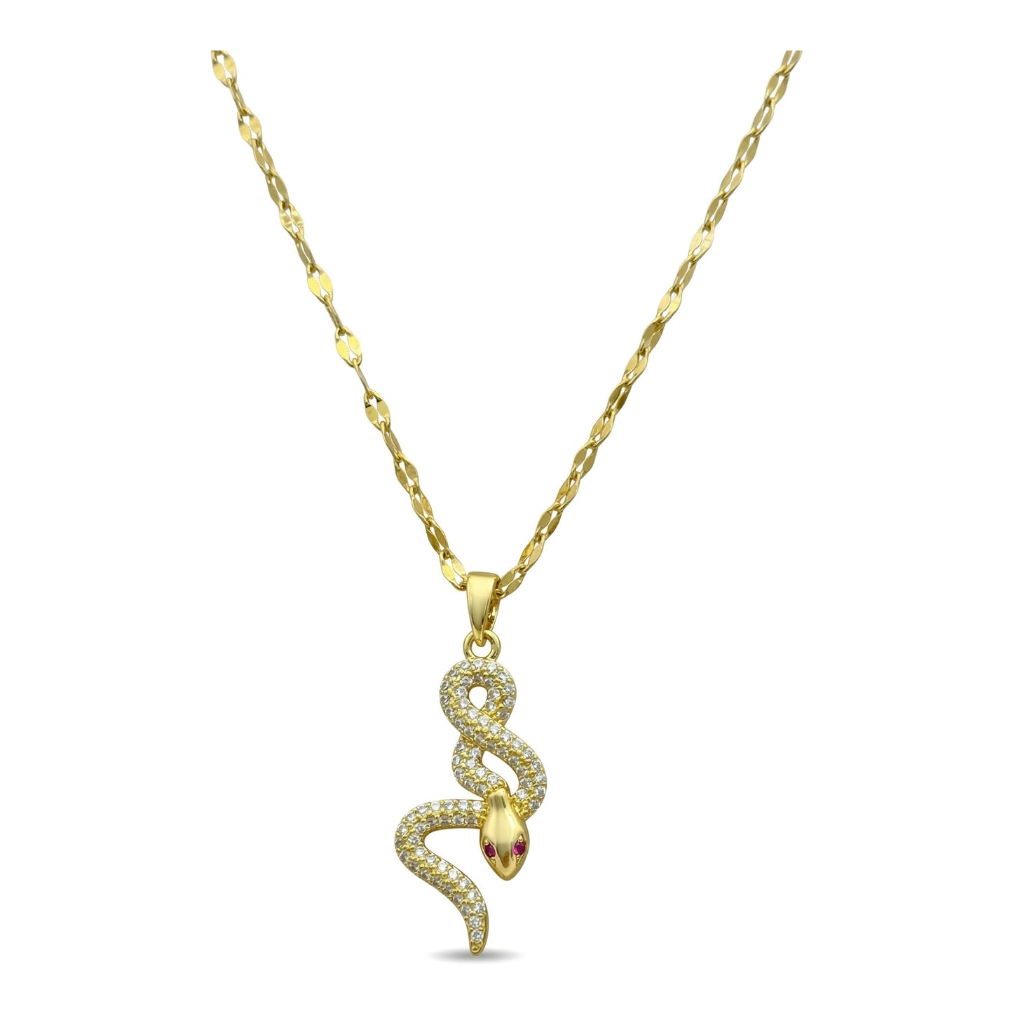 Wholesale Gold Plated Stainless Steel Snake Pendant Necklace with Red Zircon Eyes