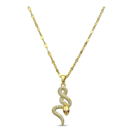 Wholesale Gold Plated Stainless Steel Snake Pendant Necklace with Red Zircon Eyes