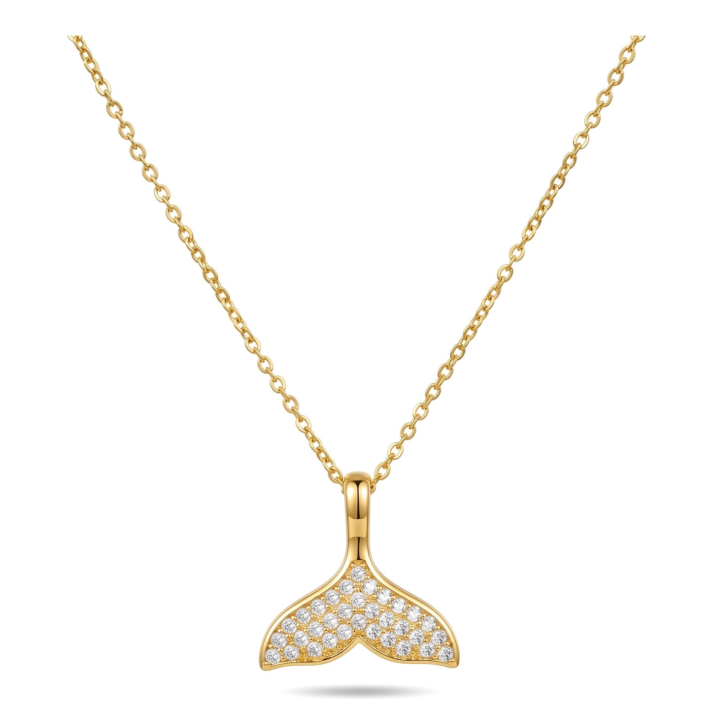 Gold Mermaid Whale Tail Pave CZ Crystal Pendant Necklace For Women