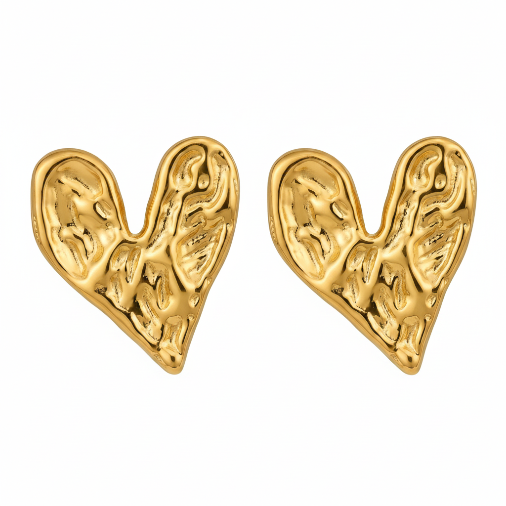 Gold Heart Stud Earrings White Background