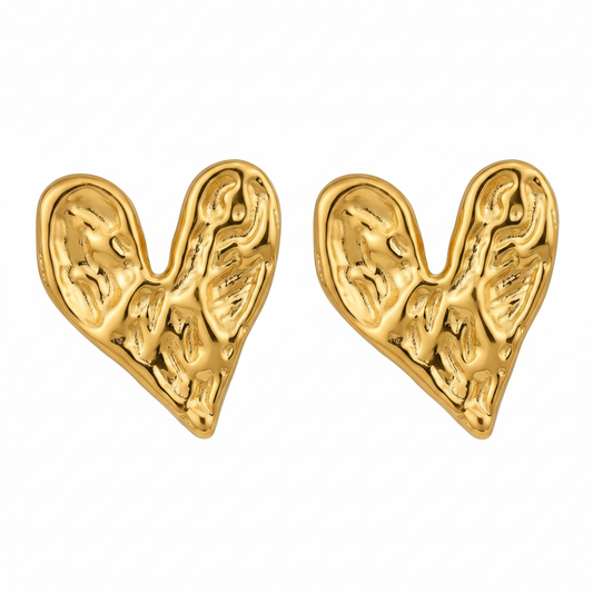 Gold Heart Stud Earrings White Background