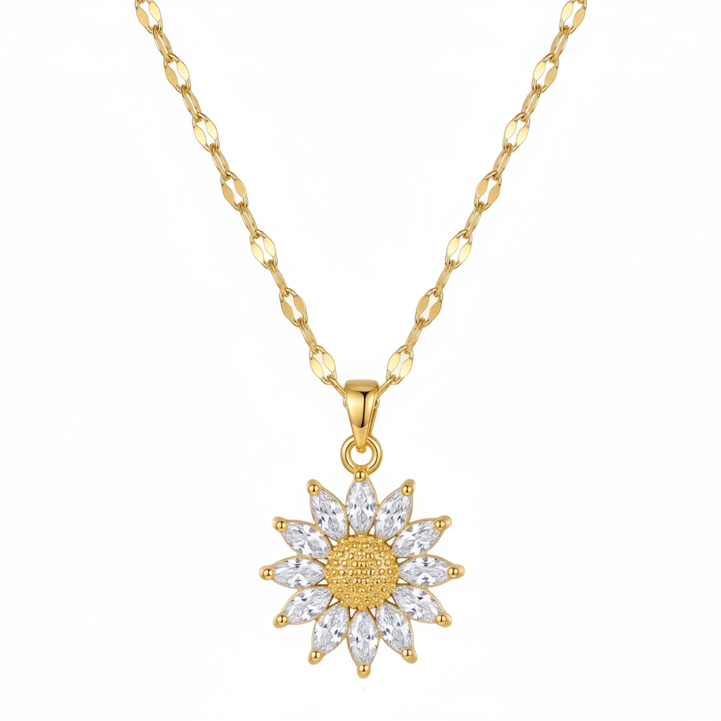 Gold Sunflower CZ Pendant Necklace – White Background