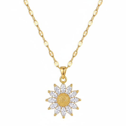 Gold Sunflower CZ Pendant Necklace – White Background
