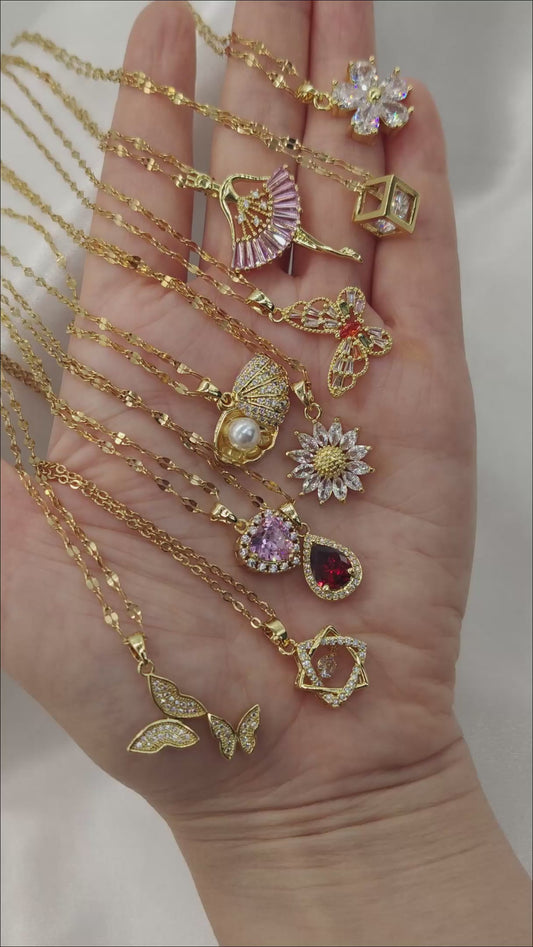 Wholesale Mermaid Heart Butterfly CZ Pendant Necklace | 18K Gold Plated Chain